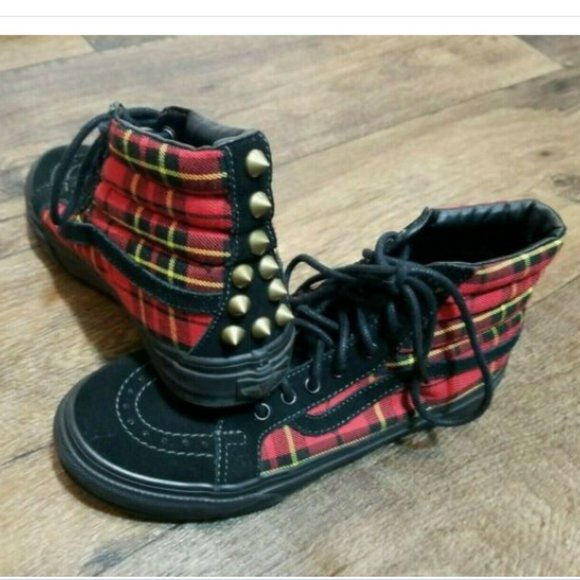 Vans Shoes - Vans Sk8-Hi Red Plaid Spiked Punk Skater Skate High Top Shoes